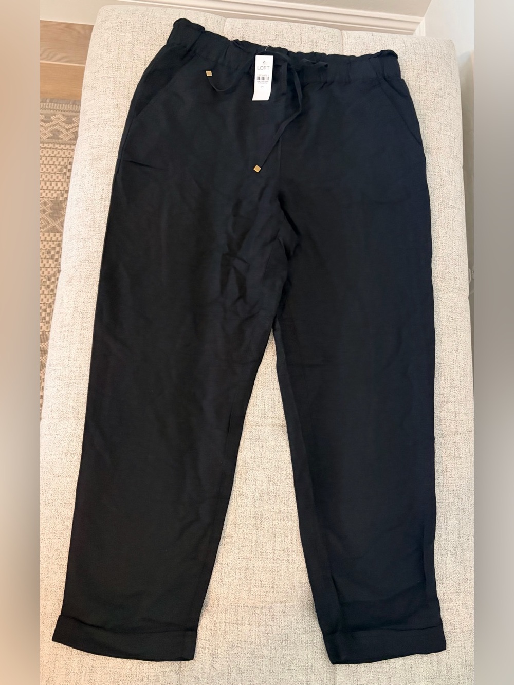 LOFT Black Linen Drawstring Jogger Pants M